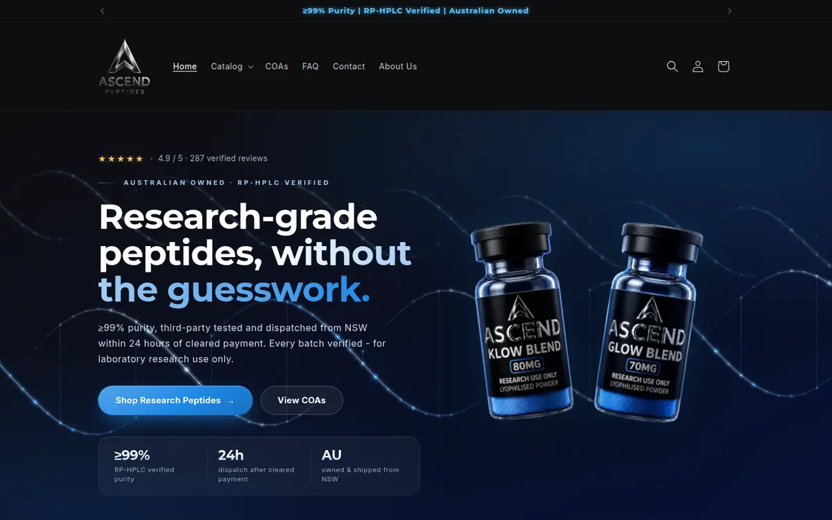 Ascend Peptides homepage at desktop width