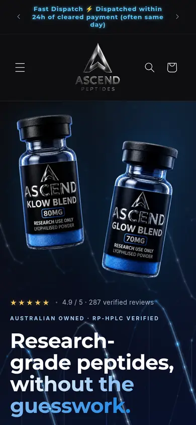 Ascend Peptides homepage at phone width