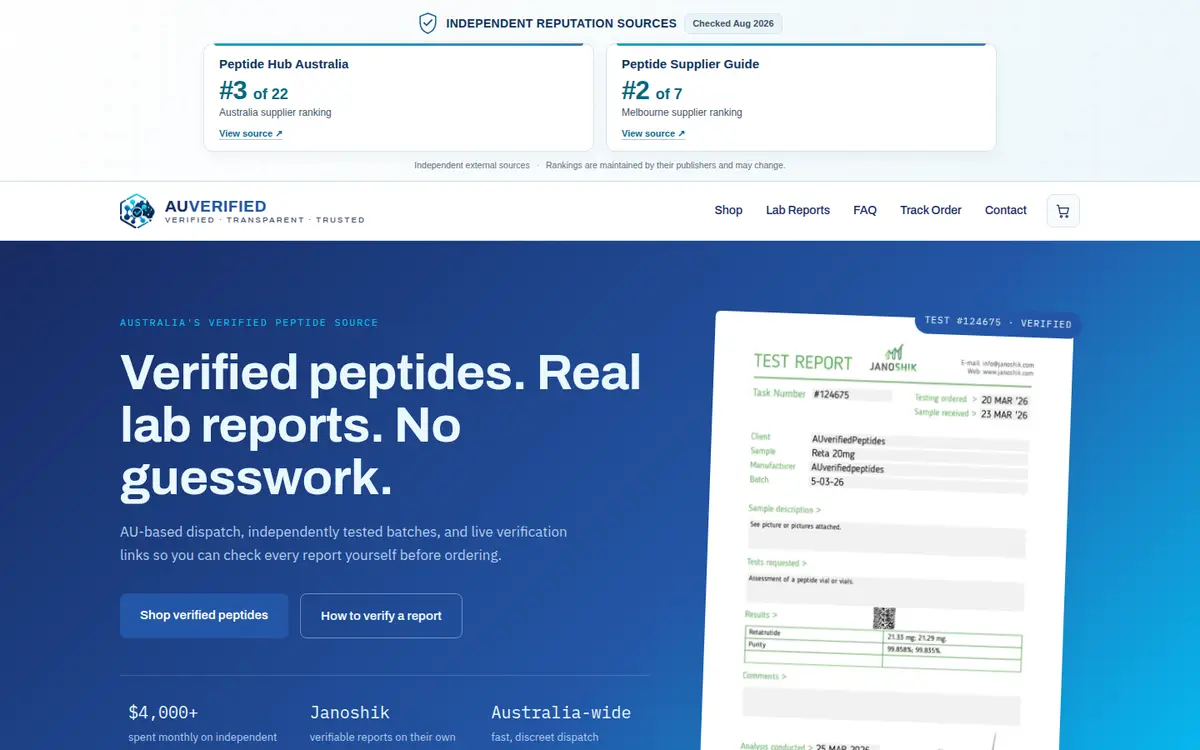 AU Verified Peps homepage at desktop width