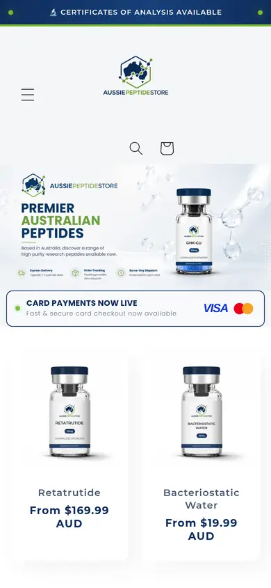 Aussie Peptide Store homepage at phone width