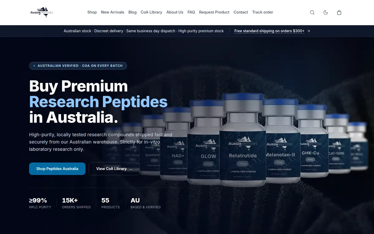 Aussie Peptides homepage at desktop width