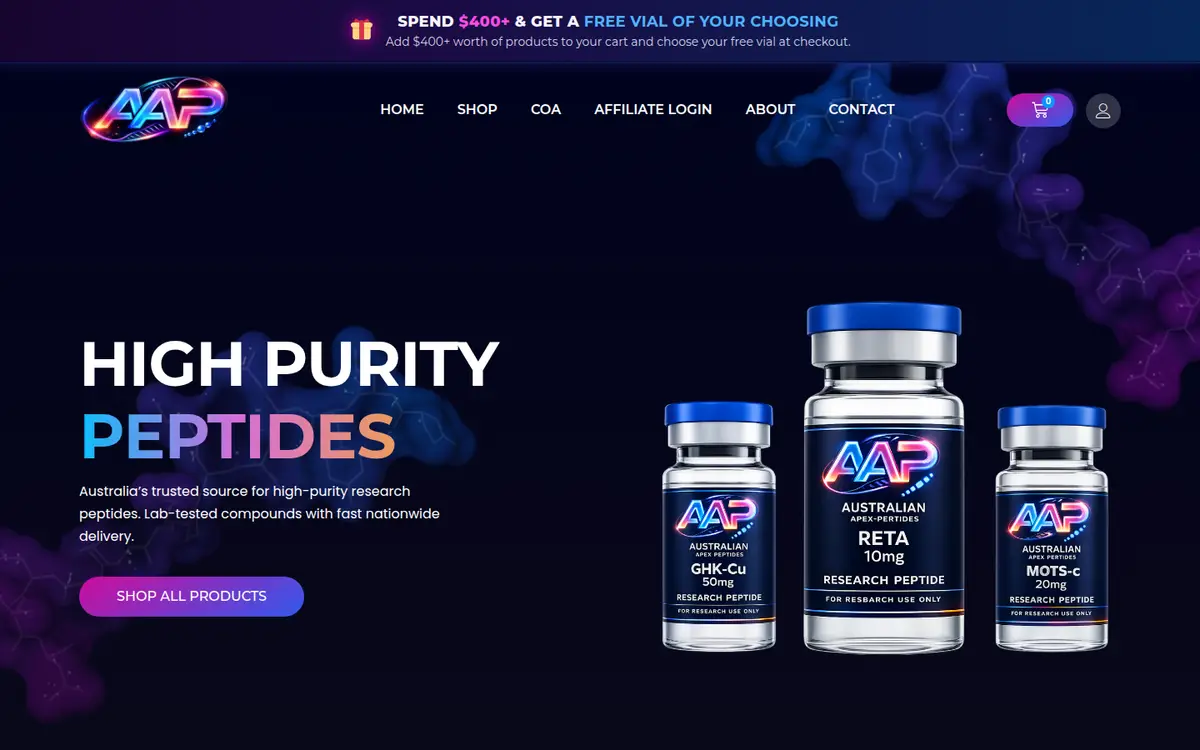 Australian Apex Peptides homepage at desktop width