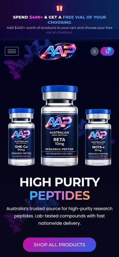 Australian Apex Peptides homepage at phone width