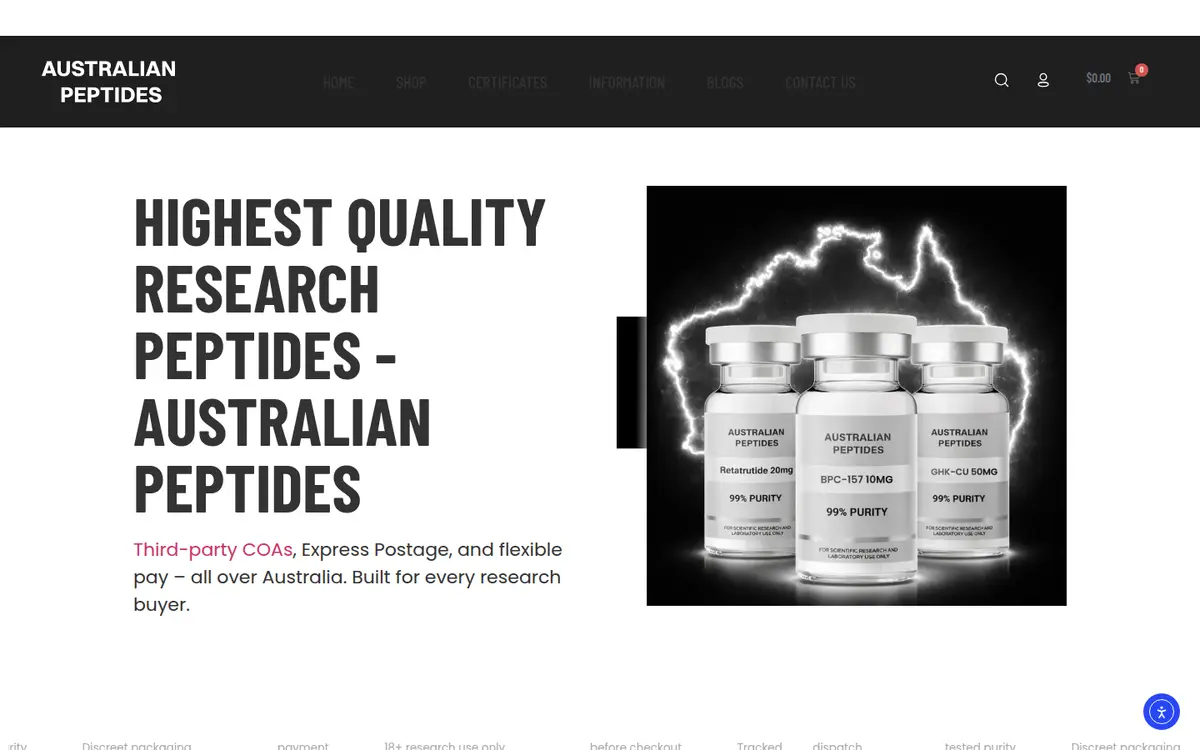 Australian Peptides homepage at desktop width