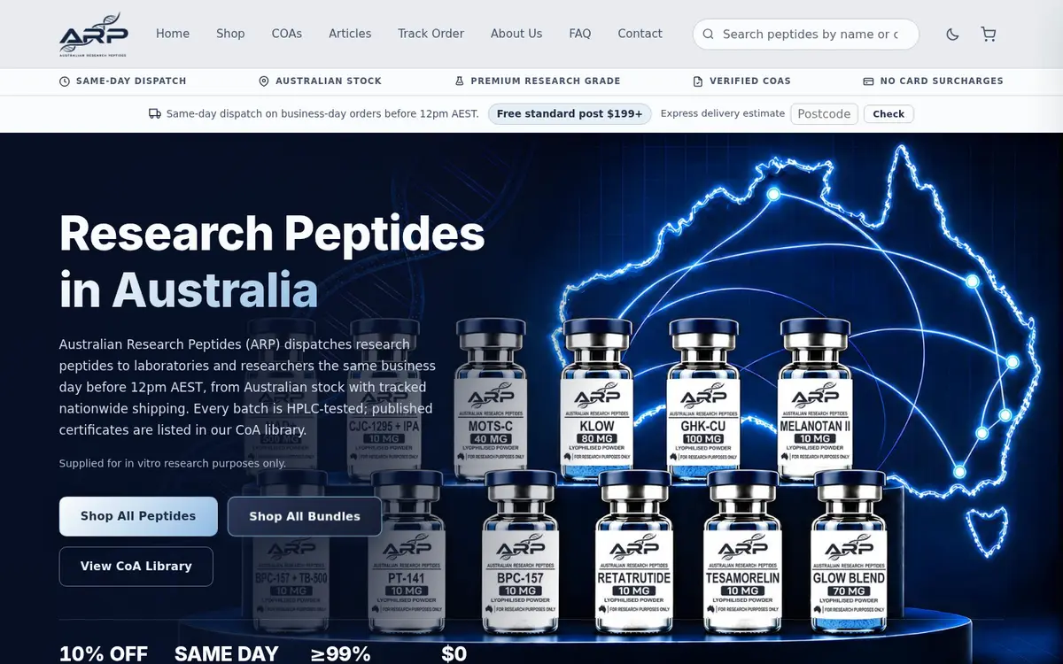 Australian Research Peptides homepage at desktop width