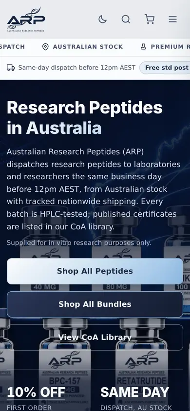 Australian Research Peptides homepage at phone width