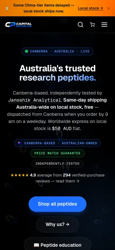 Capital Precision Labs homepage at phone width