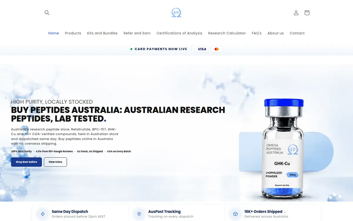 Omega Peptides Australia homepage at desktop width