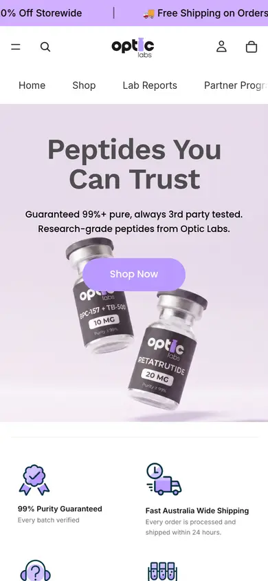 Optic Labs homepage at phone width