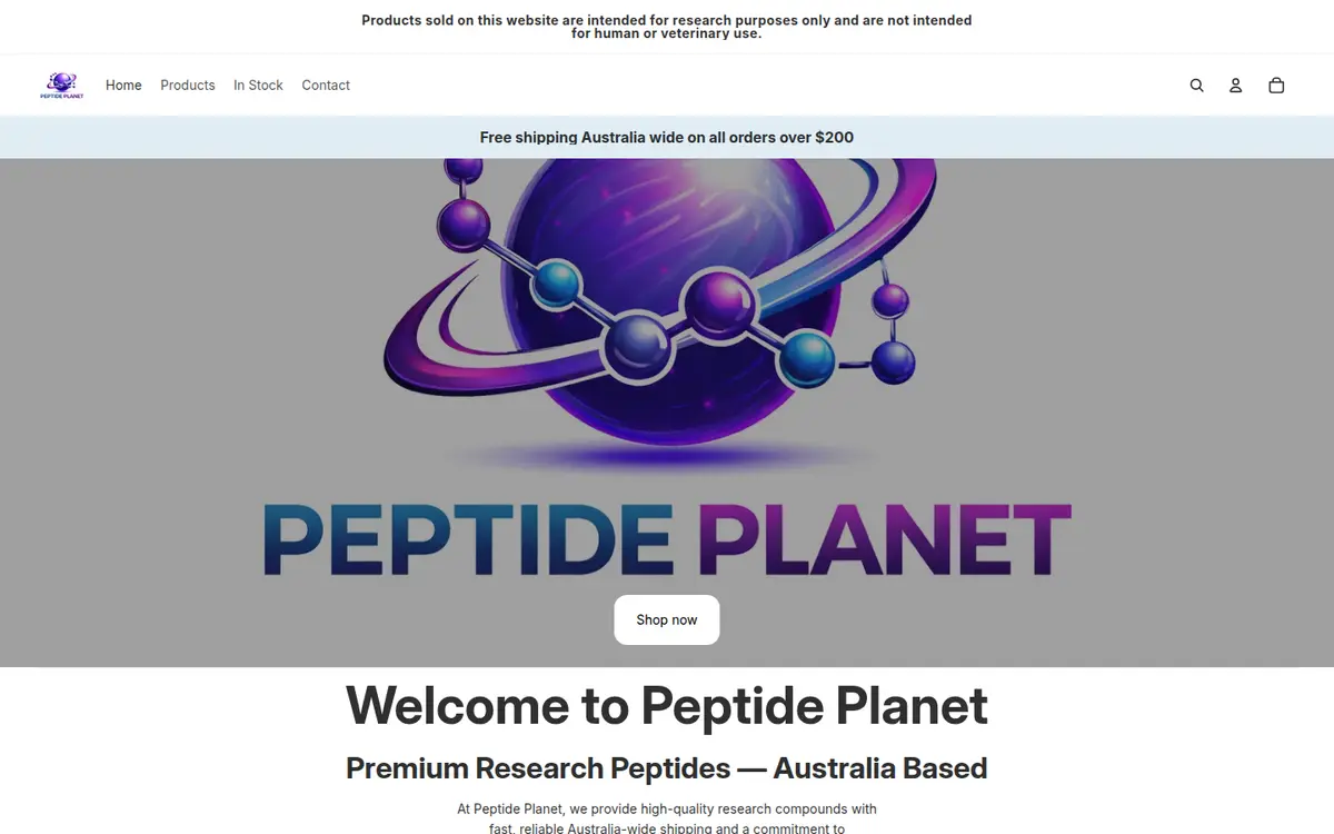 Peptide Planet homepage at desktop width