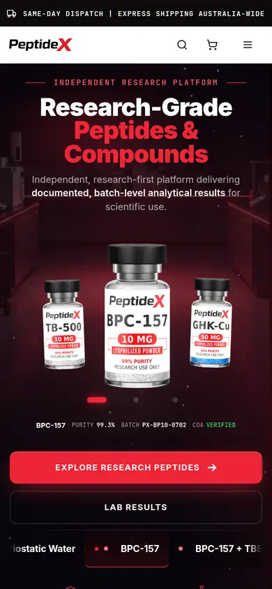 PeptideX Research homepage at phone width