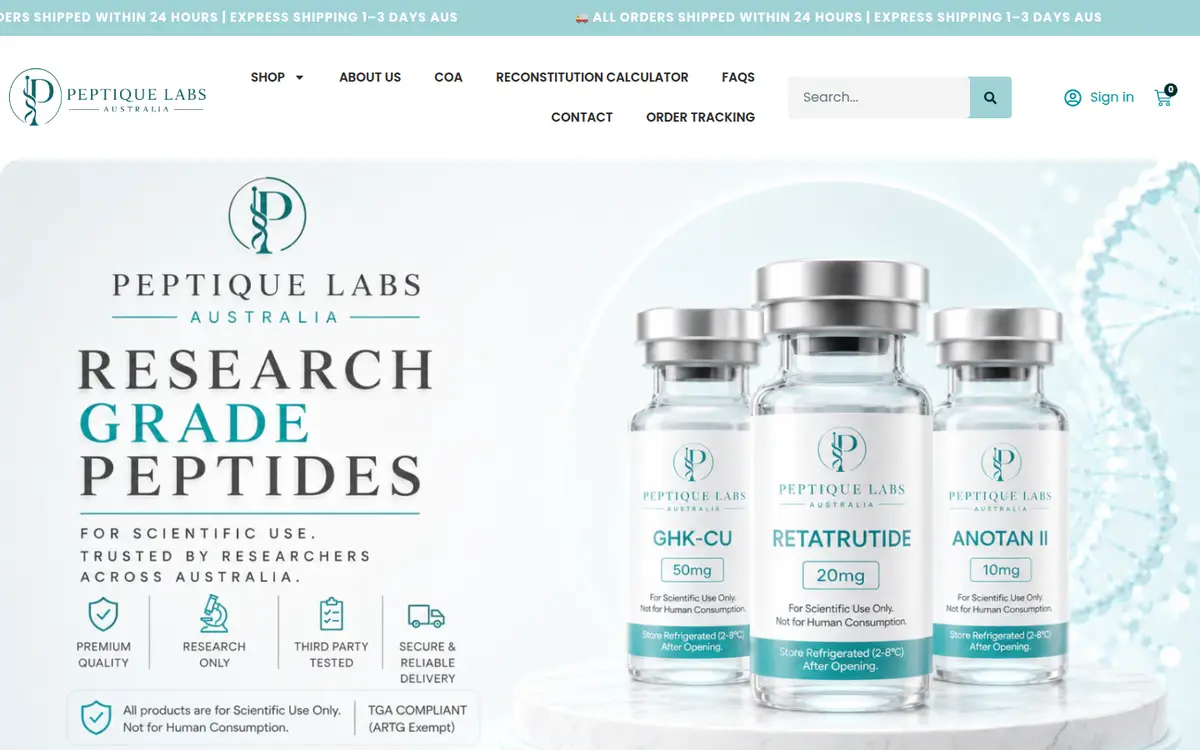 Peptique Labs Australia homepage at desktop width