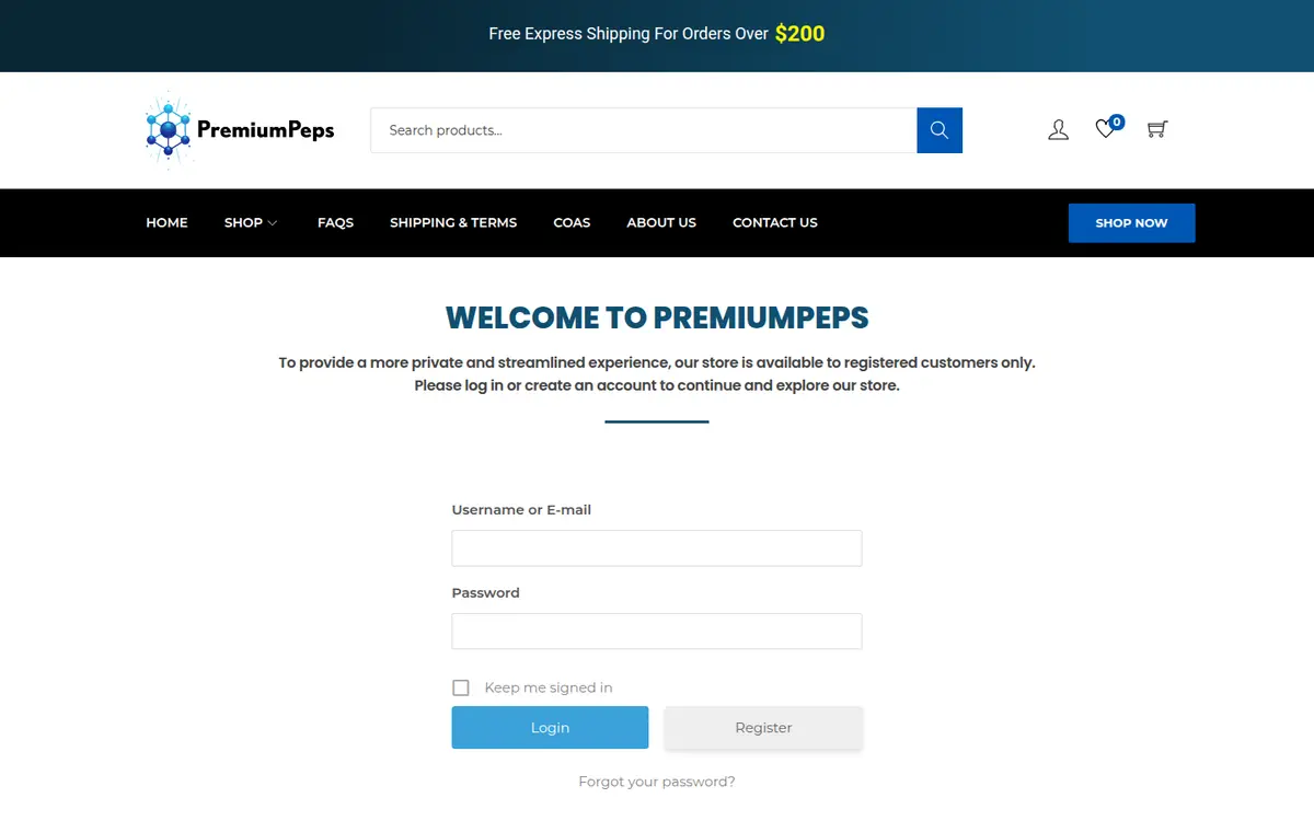 PremiumPeps homepage at desktop width